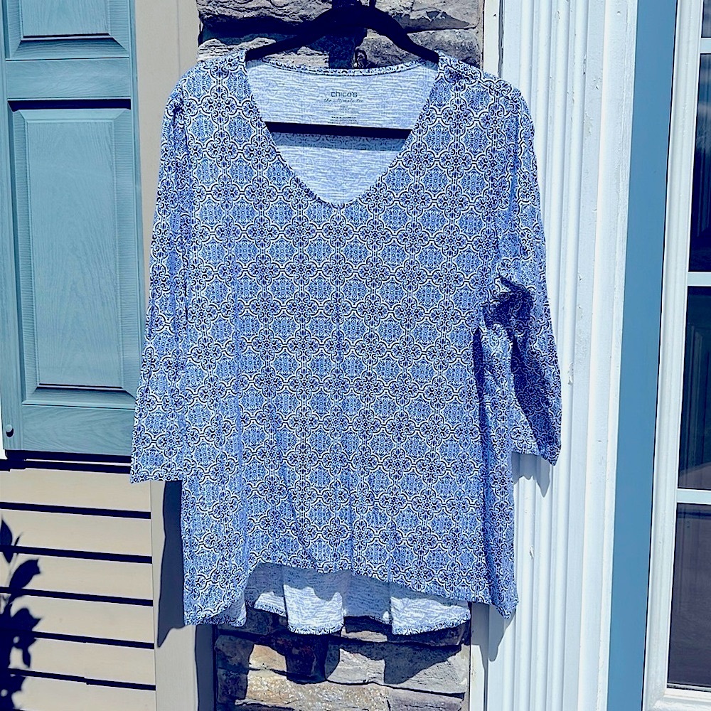 Chico’s size 3  or 16-18 or  XL. 3/4 sleeve hi lo tee blue